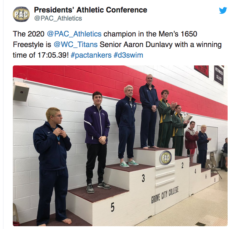 The 2020 @PAC_Athletics champion in the Men’s 1650 Freestyle is @WC_Titans Senior Aaron Dunlavy with a winning time of 17:05.39! #pactankers #d3swim